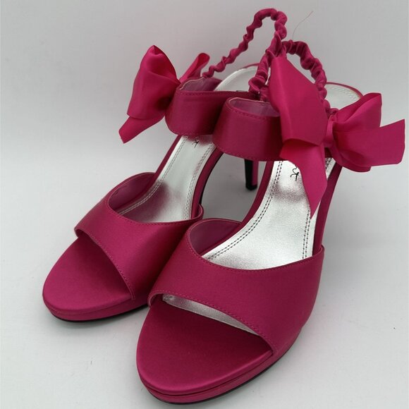 Womens Velvet Heart Fuchsia Satin Heels With Bow Detail Size 11 - Picture 1 of 8